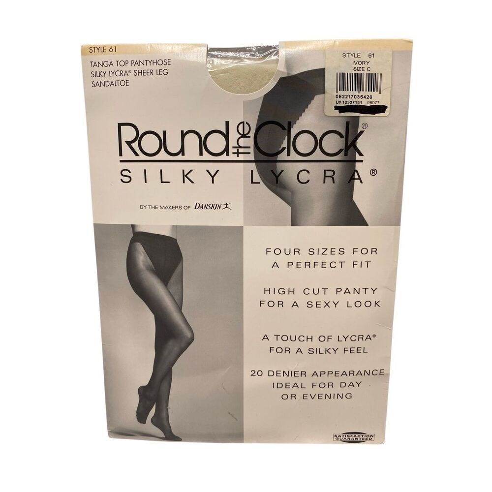 Round the Clock Silky Lycra Pantyhose Ivory Size C Tanga Top Sheer Sandal Toe